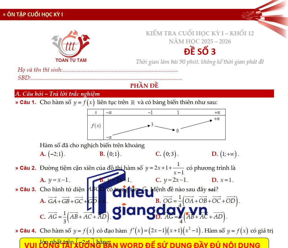 Đề kiểm tra học kì 1 Toán 12 Kết nối tri thức theo form 2026 Tự Tâm - Đề 3